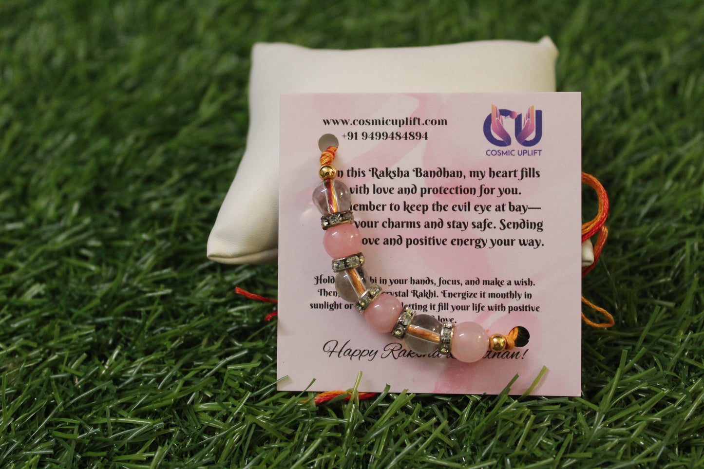 Crystal Rakhi: Clear and Rose quartz